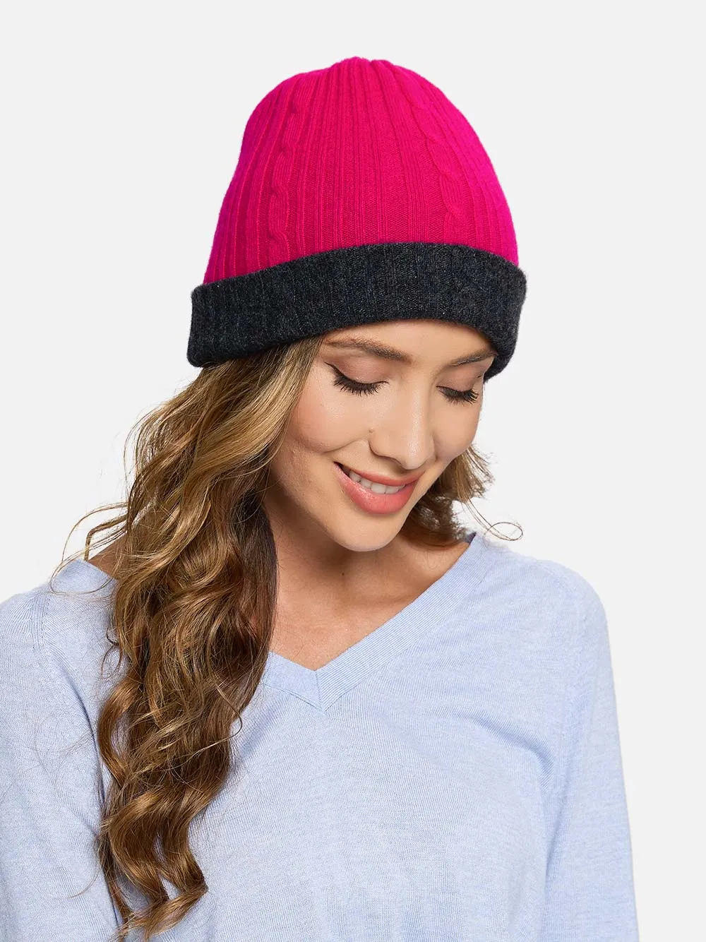 4-Way Cashmere Beanie - Charcoal Gray/Fuchsia