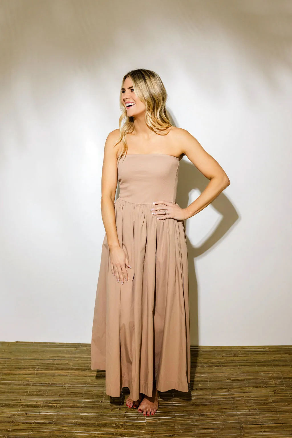 Angie Strapless Contrasting Fabric Midi Dress