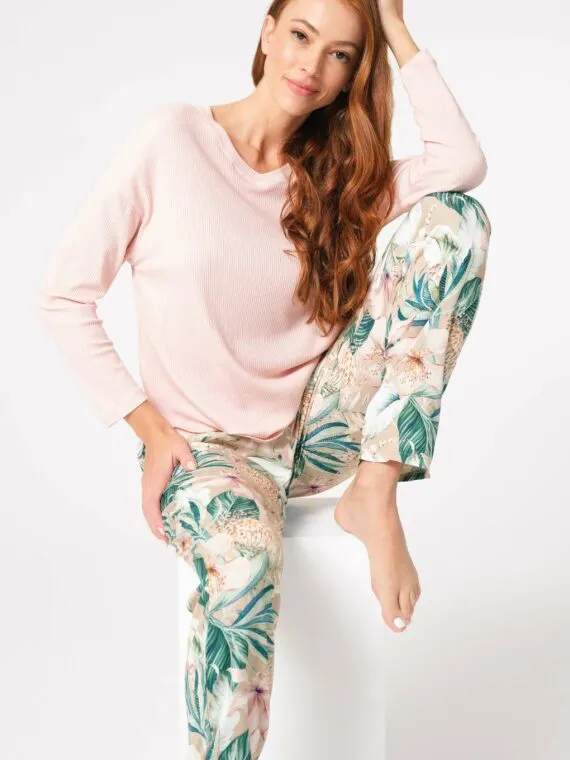Anil Long Sleeve V-Neck Viscose Floral Patterned Winter Knitted Normal Waist Pajama Set