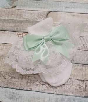 Baby Girls White Frilly Lace Ankle Socks With Mint Ribbon