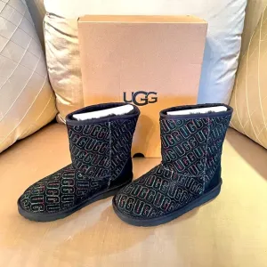 Brand new  little girl black Ugg boots with embroidered colored lettering!