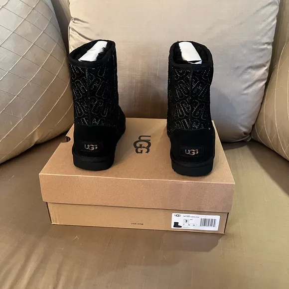 Brand new  little girl black Ugg boots with embroidered colored lettering!