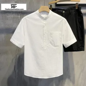 Breathable Cotton Linen Stand Collar Shirt