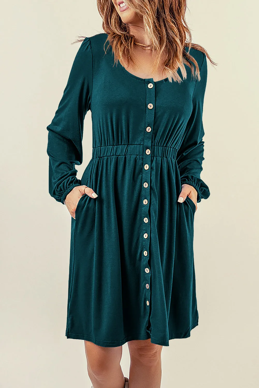 Button Up High Waist Long Sleeve Dress