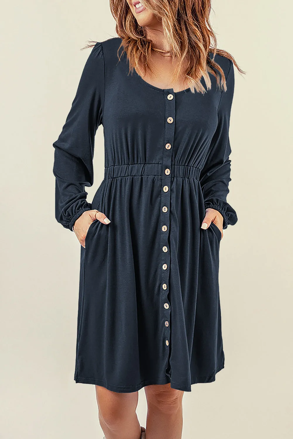 Button Up High Waist Long Sleeve Dress