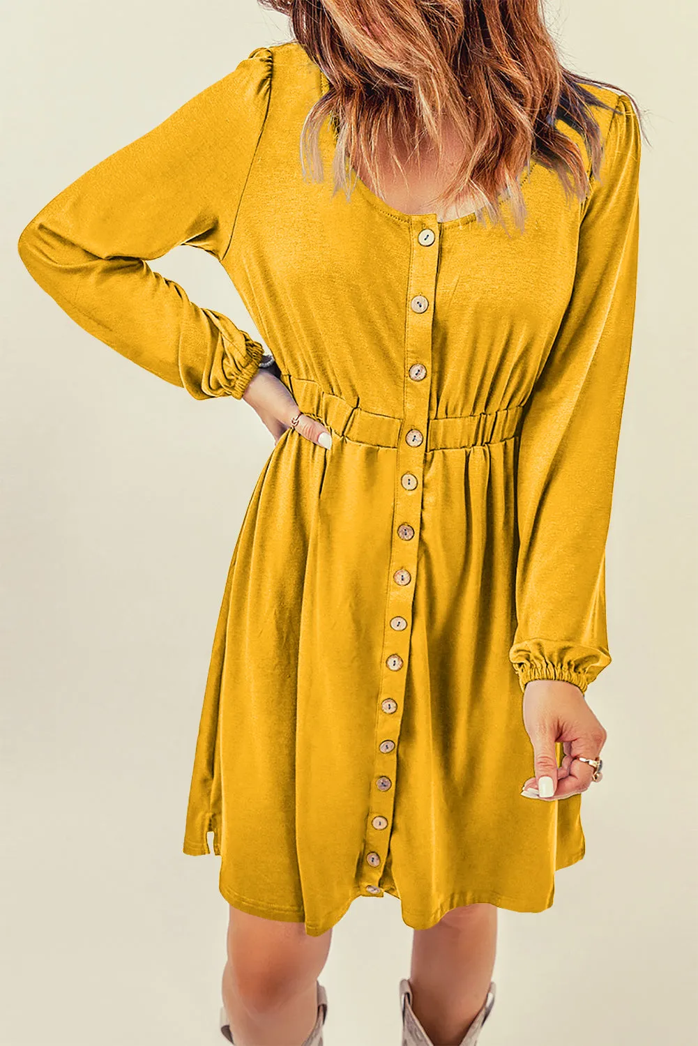 Button Up High Waist Long Sleeve Dress