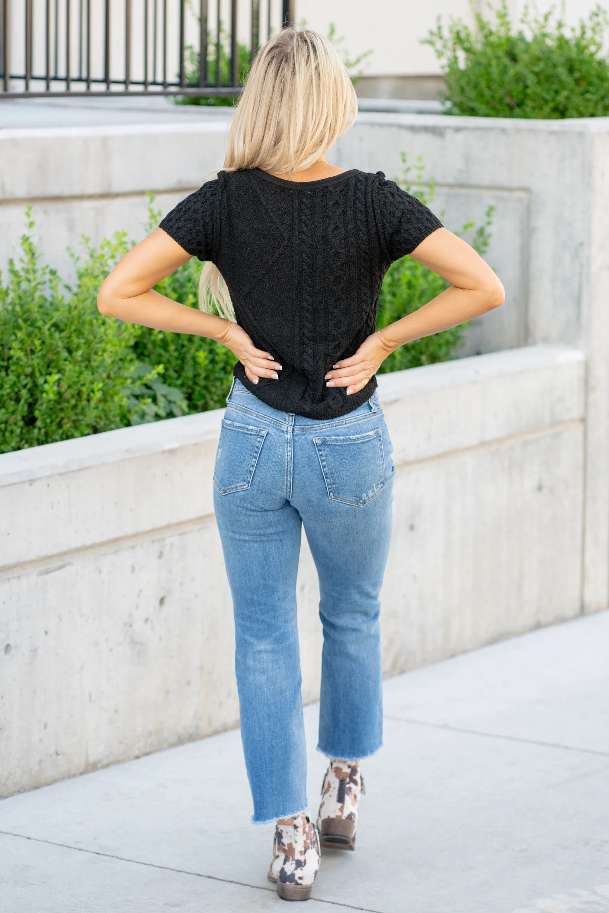 Cable Knit Low Gauge Short Sleeve Sweater Top - Black