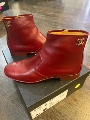 Chanel Dark Red Calfskin Short Booties with Hidden Side Zipper and Gold CC