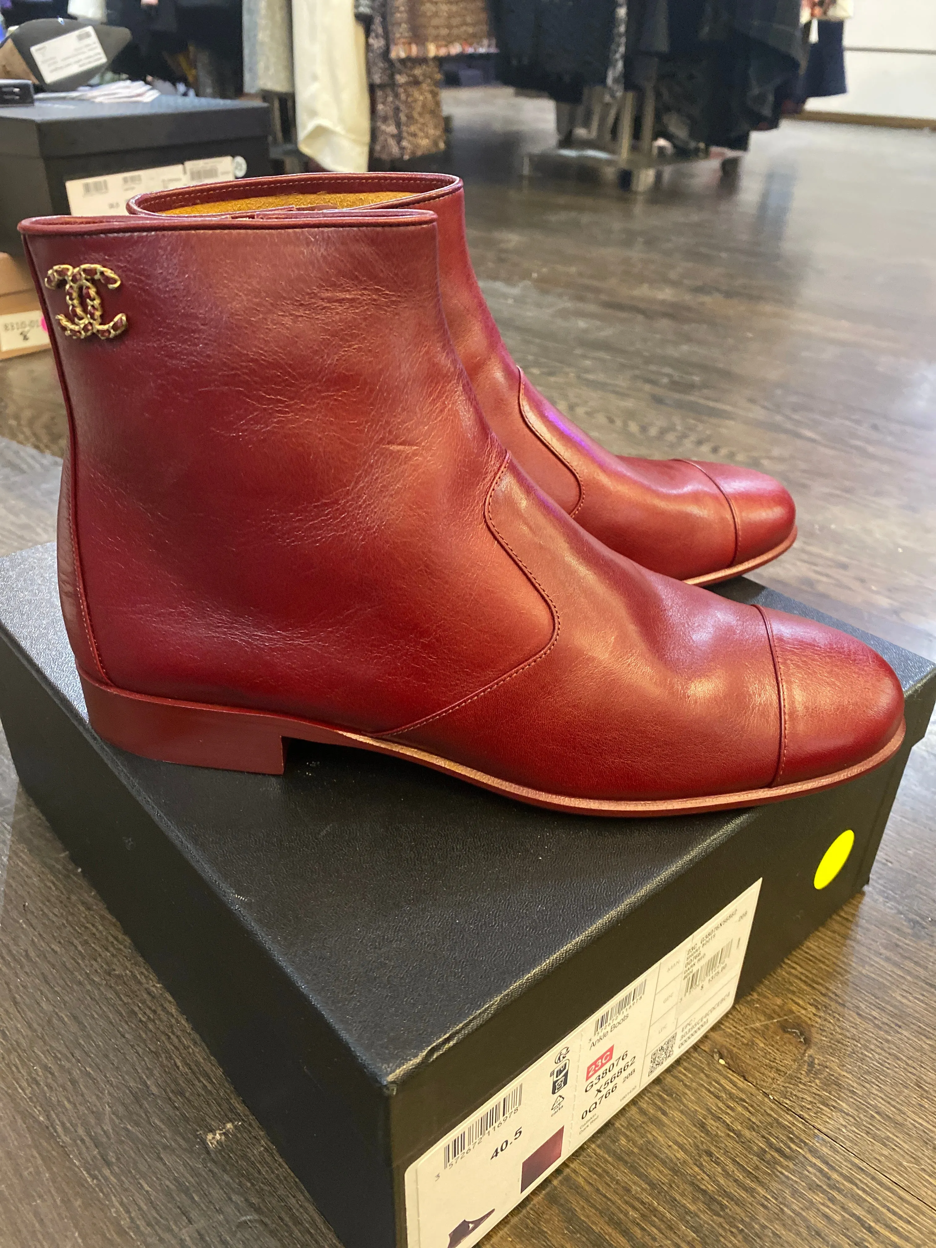 Chanel Dark Red Calfskin Short Booties with Hidden Side Zipper and Gold CC