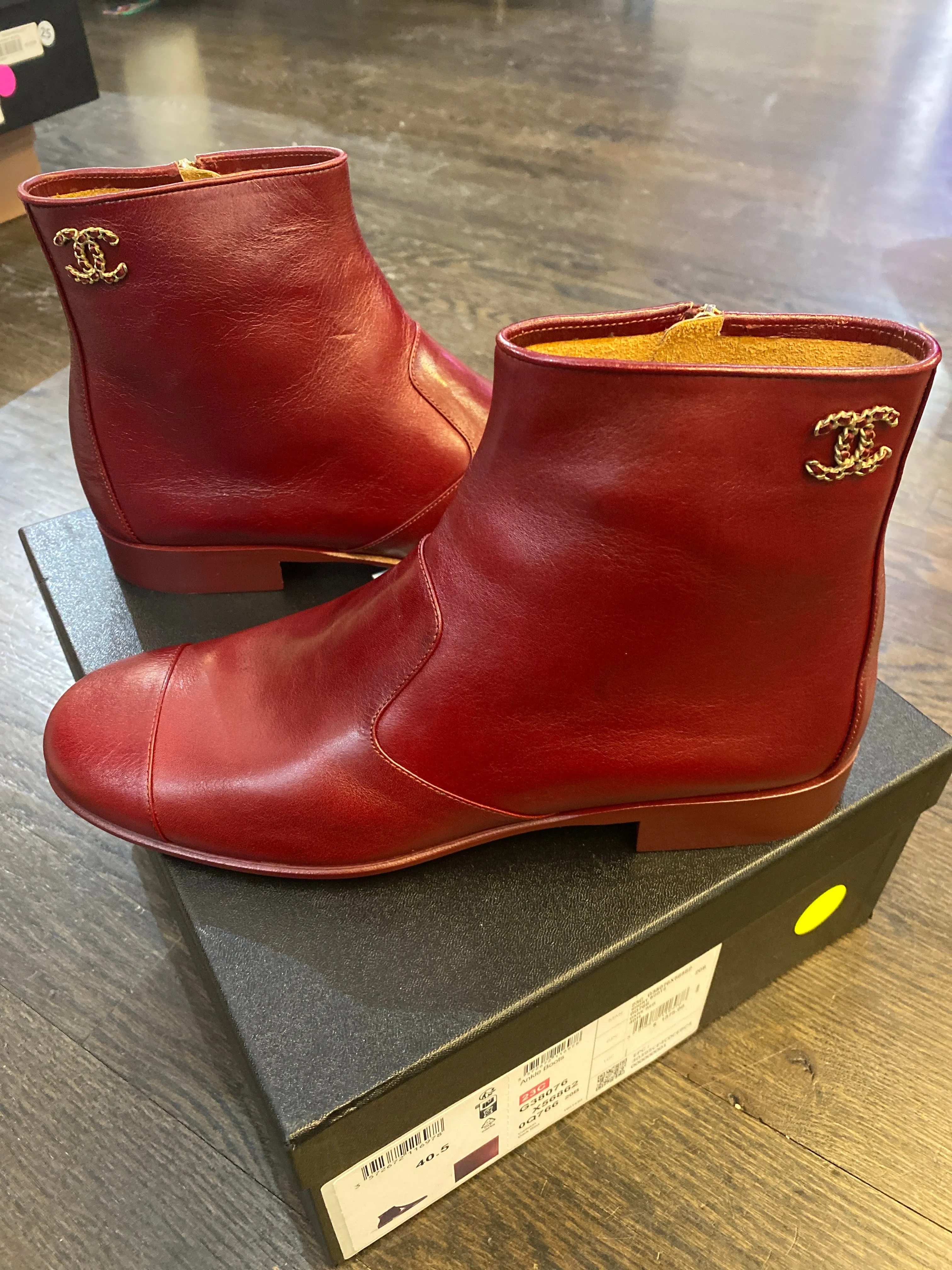 Chanel Dark Red Calfskin Short Booties with Hidden Side Zipper and Gold CC