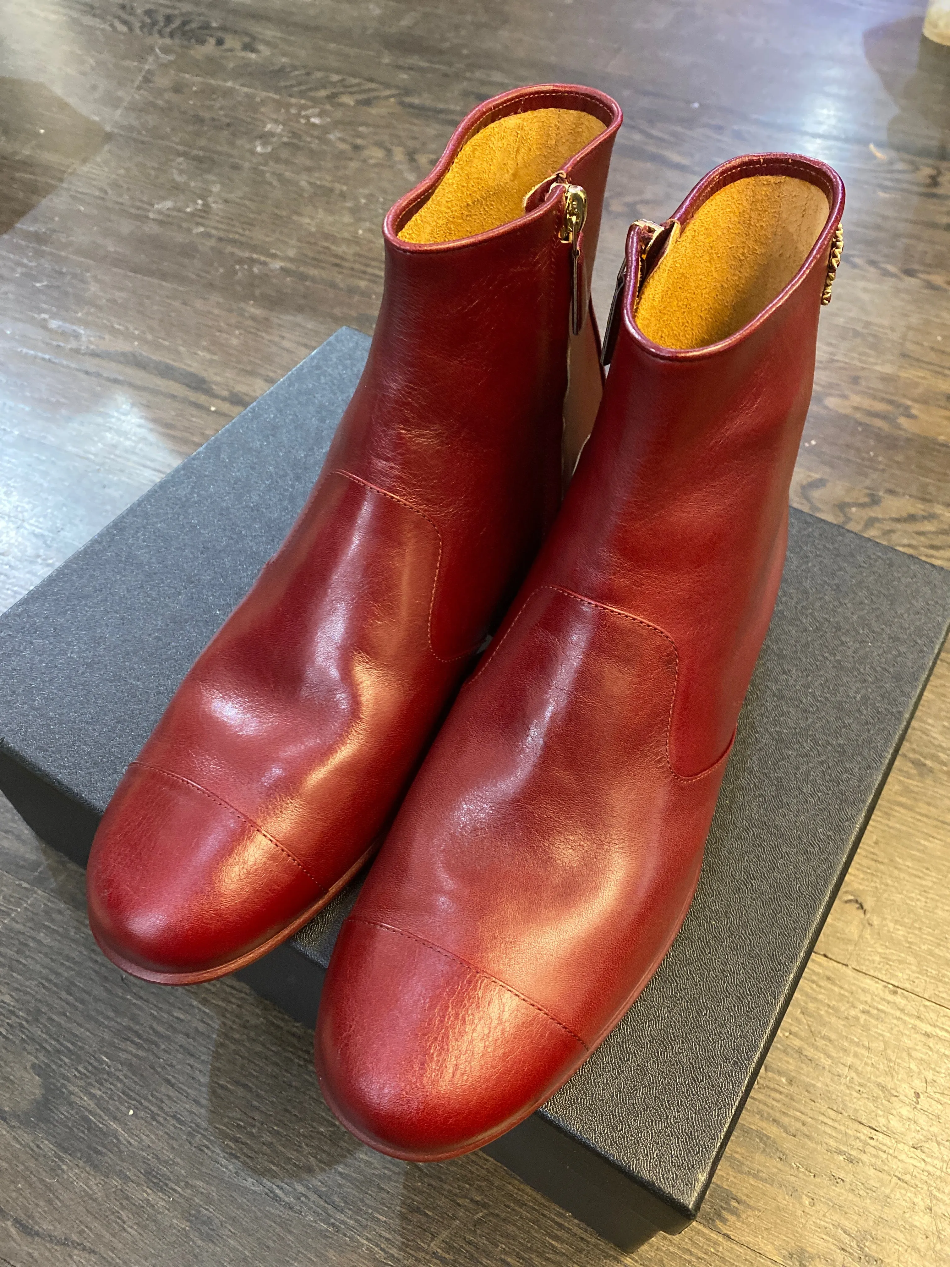 Chanel Dark Red Calfskin Short Booties with Hidden Side Zipper and Gold CC