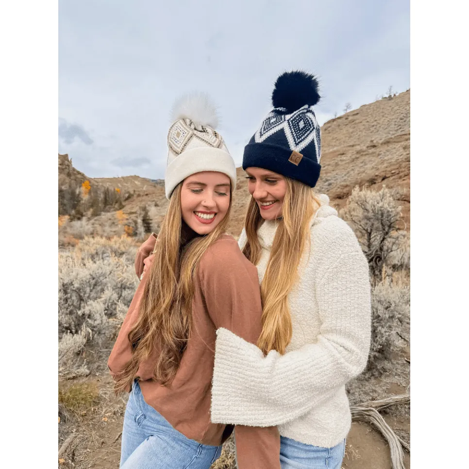 Diamond Geometric Pattern Pom C.C. Beanie