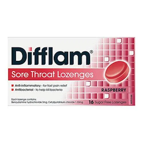 Difflam sore throat lozenges 16 Raspberry flavour sugar free