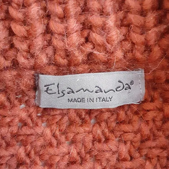 ElsaManda Alpaca Wool Cable Knit Sweater Full Zip Rust Orange OS Made in Italy