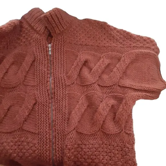 ElsaManda Alpaca Wool Cable Knit Sweater Full Zip Rust Orange OS Made in Italy