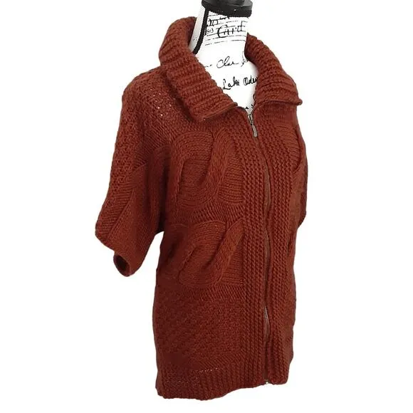 ElsaManda Alpaca Wool Cable Knit Sweater Full Zip Rust Orange OS Made in Italy