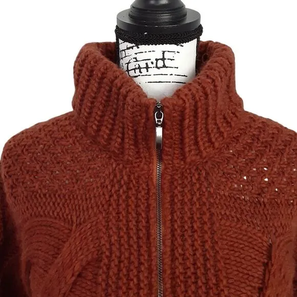 ElsaManda Alpaca Wool Cable Knit Sweater Full Zip Rust Orange OS Made in Italy