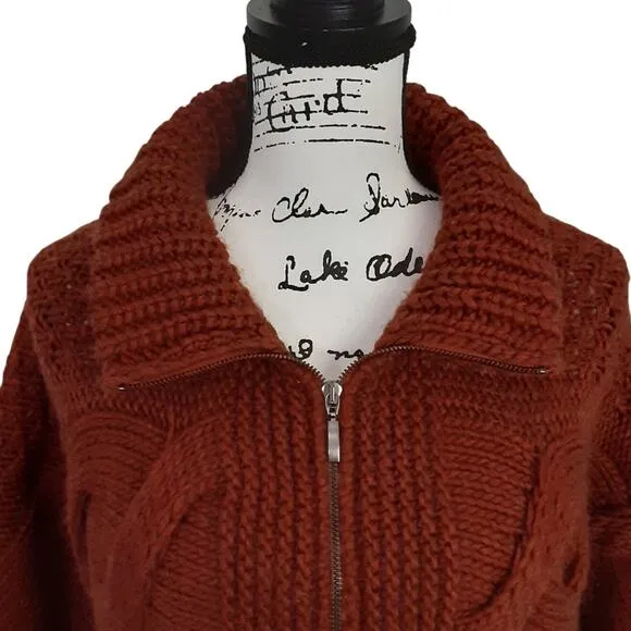 ElsaManda Alpaca Wool Cable Knit Sweater Full Zip Rust Orange OS Made in Italy