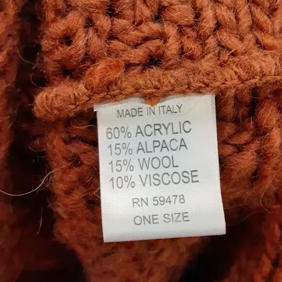 ElsaManda Alpaca Wool Cable Knit Sweater Full Zip Rust Orange OS Made in Italy