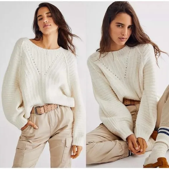 Free People Carter Chunky Knit Pullover Sweater in Cream Size XS Balloon Sleeve