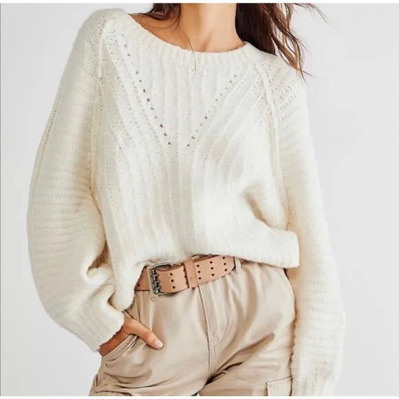 Free People Carter Chunky Knit Pullover Sweater in Cream Size XS Balloon Sleeve