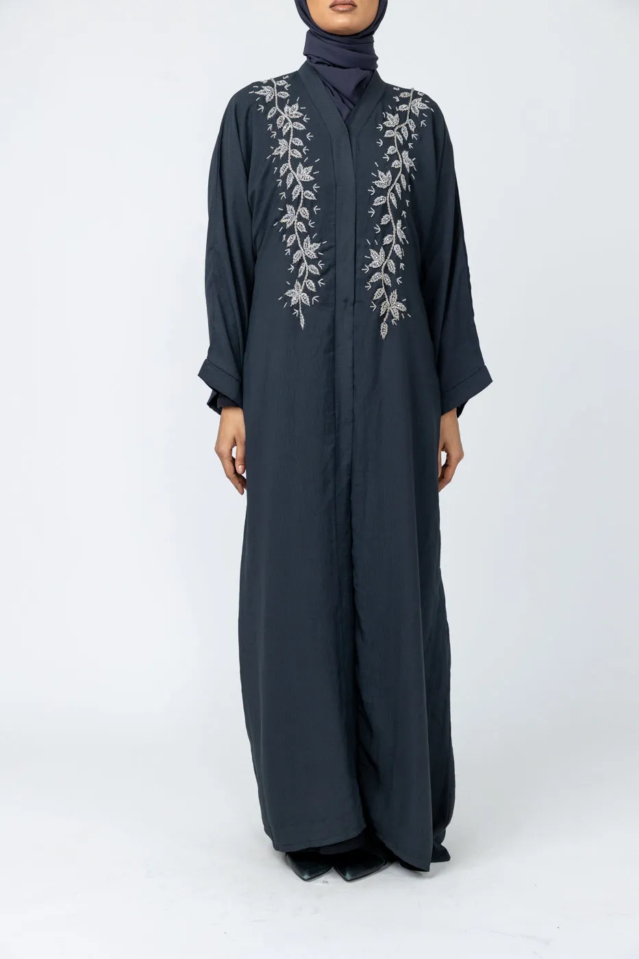 Hand Embellished Crepe Abaya - Charcoal