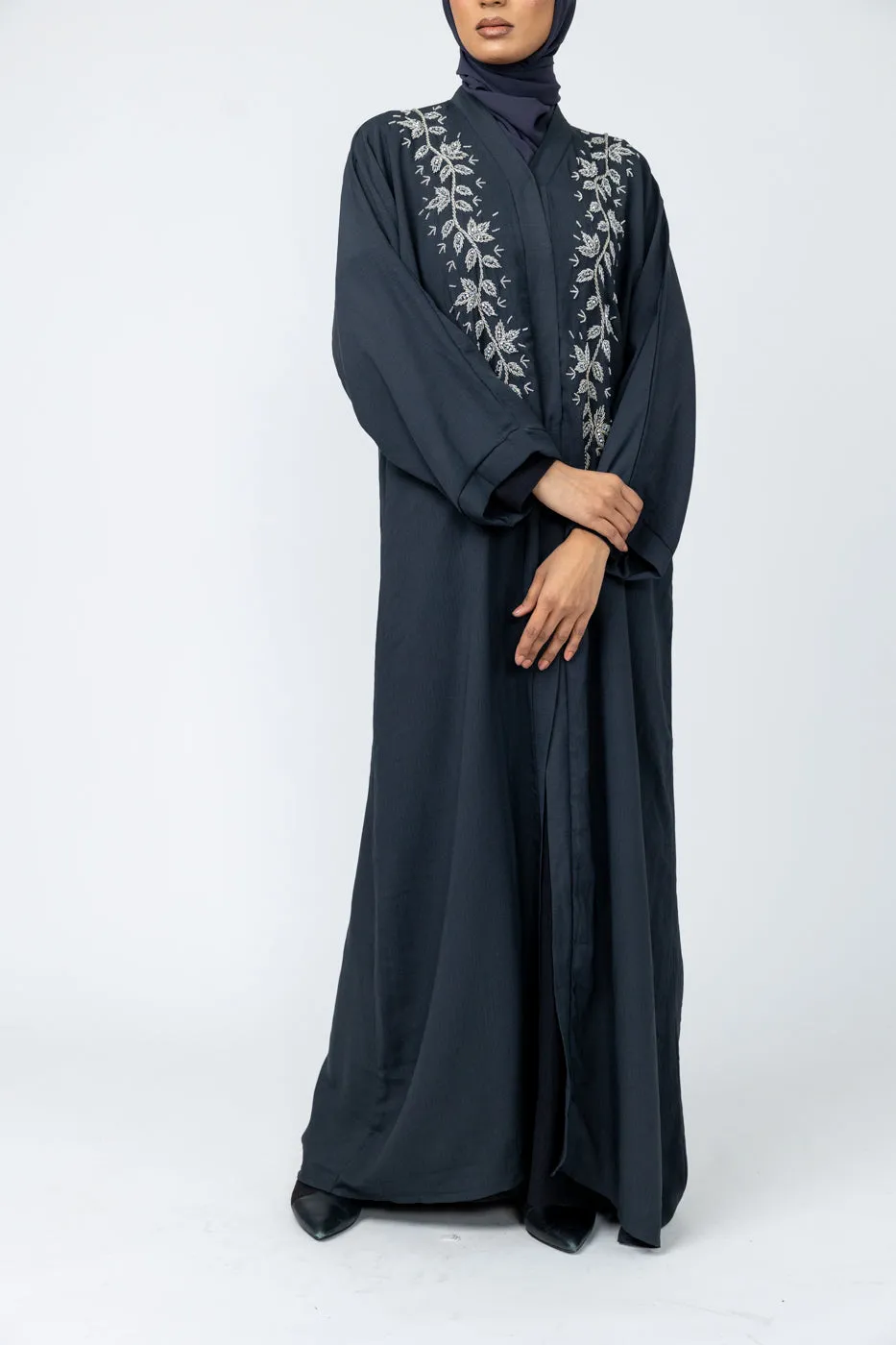 Hand Embellished Crepe Abaya - Charcoal