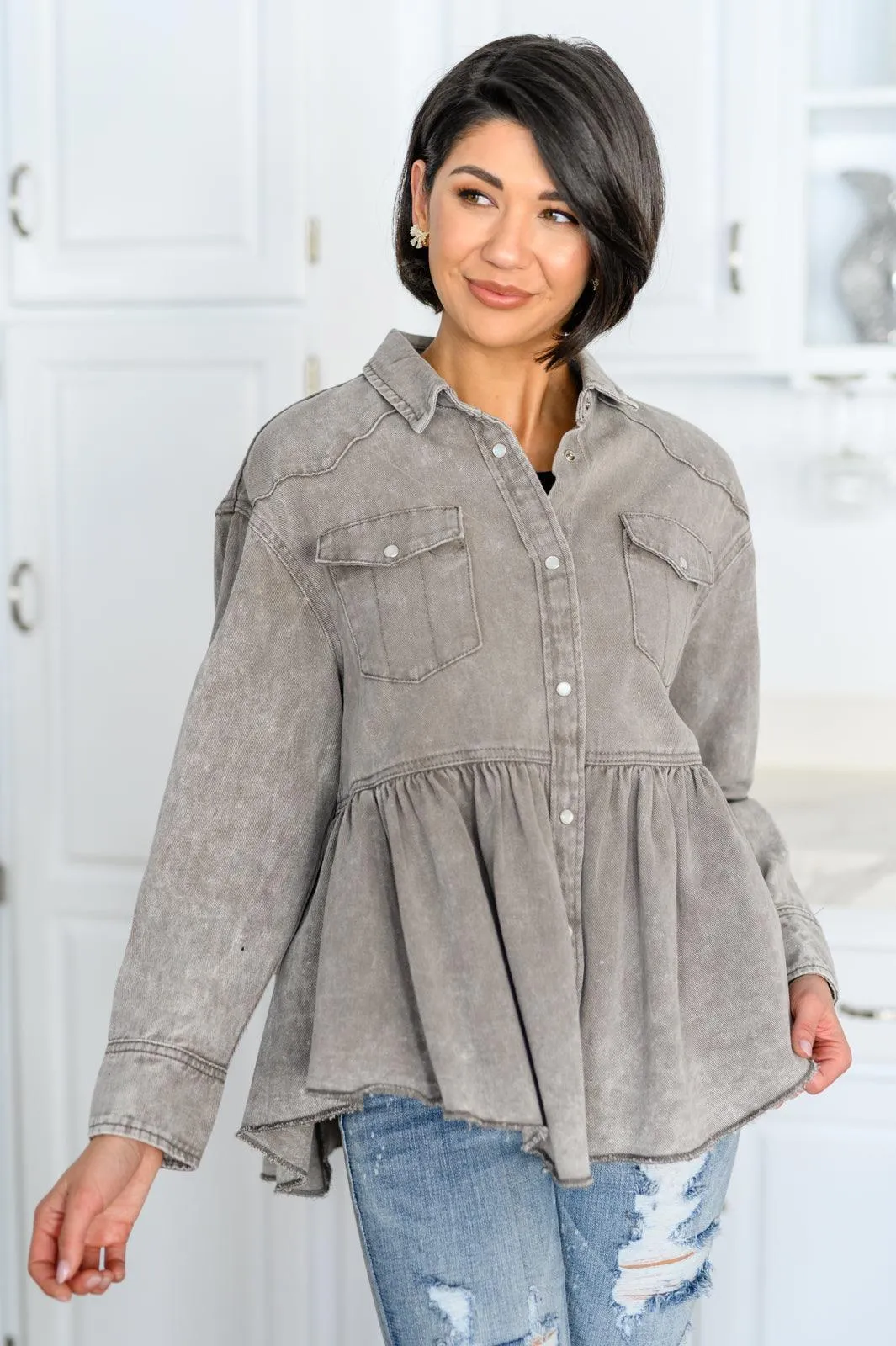 Hazel Blues® | Earl Grey Button Up Long Sleeve Top