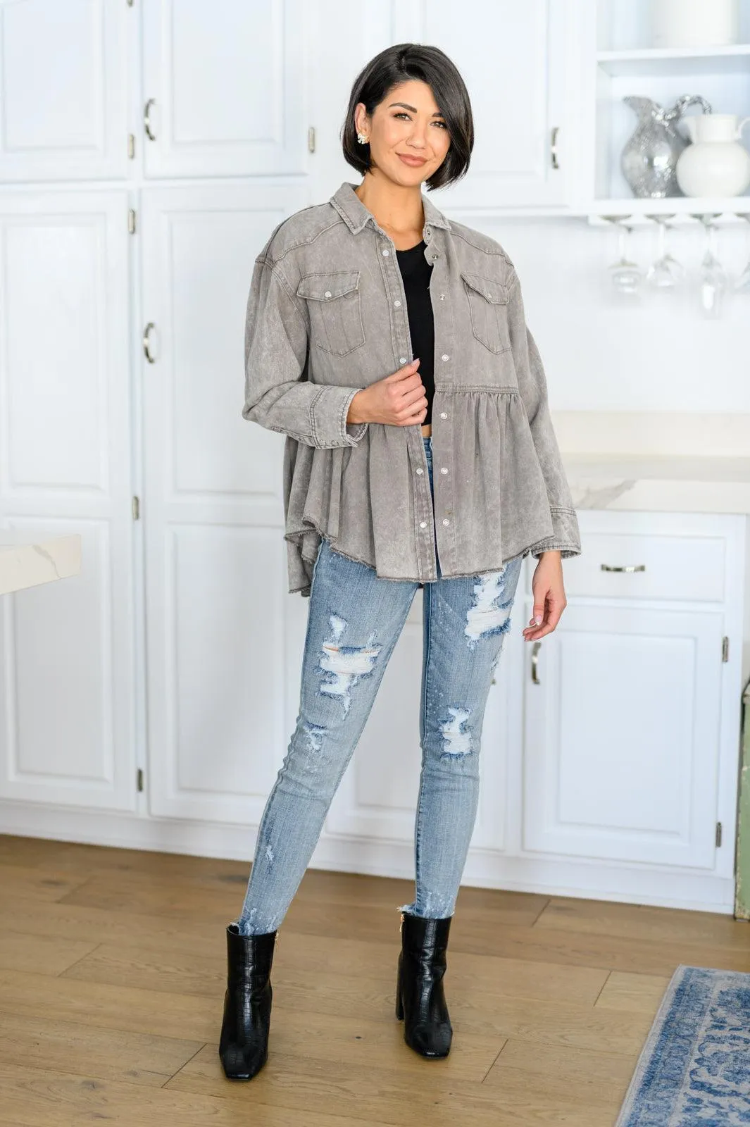 Hazel Blues® | Earl Grey Button Up Long Sleeve Top