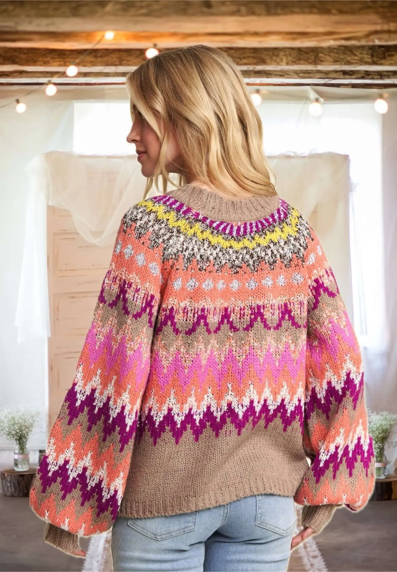 Hooked on a Feeling Multi-Color Sweater in Magenta and Beige