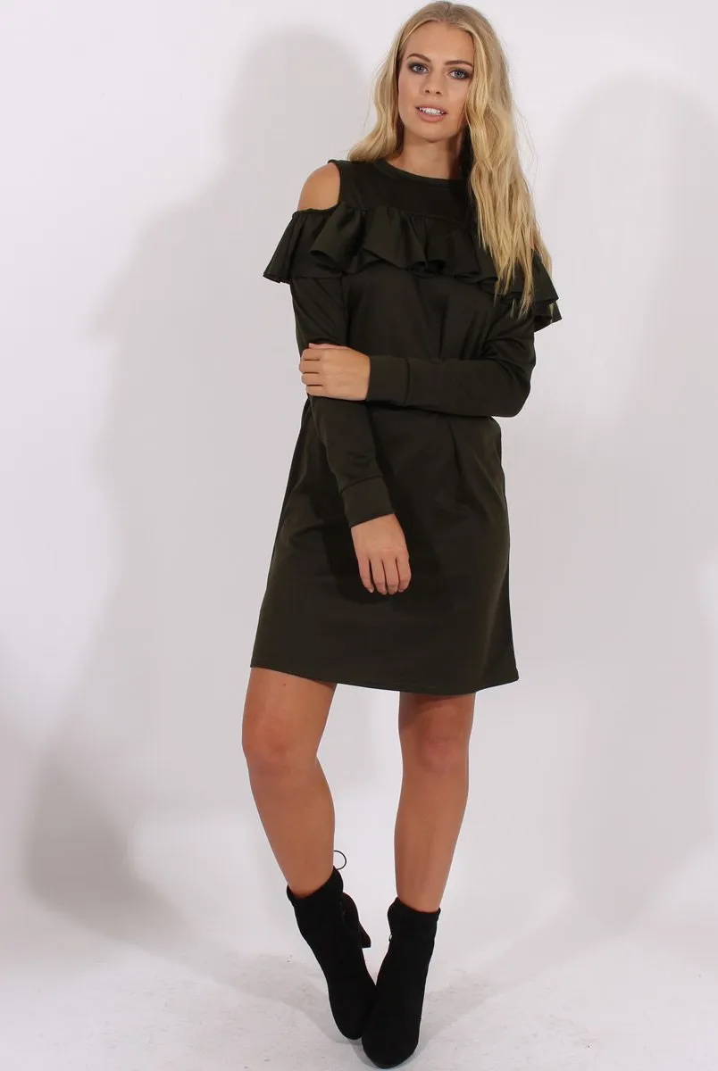 Khaki Cold Shoulder Frill Layer Swing Dress - Megan
