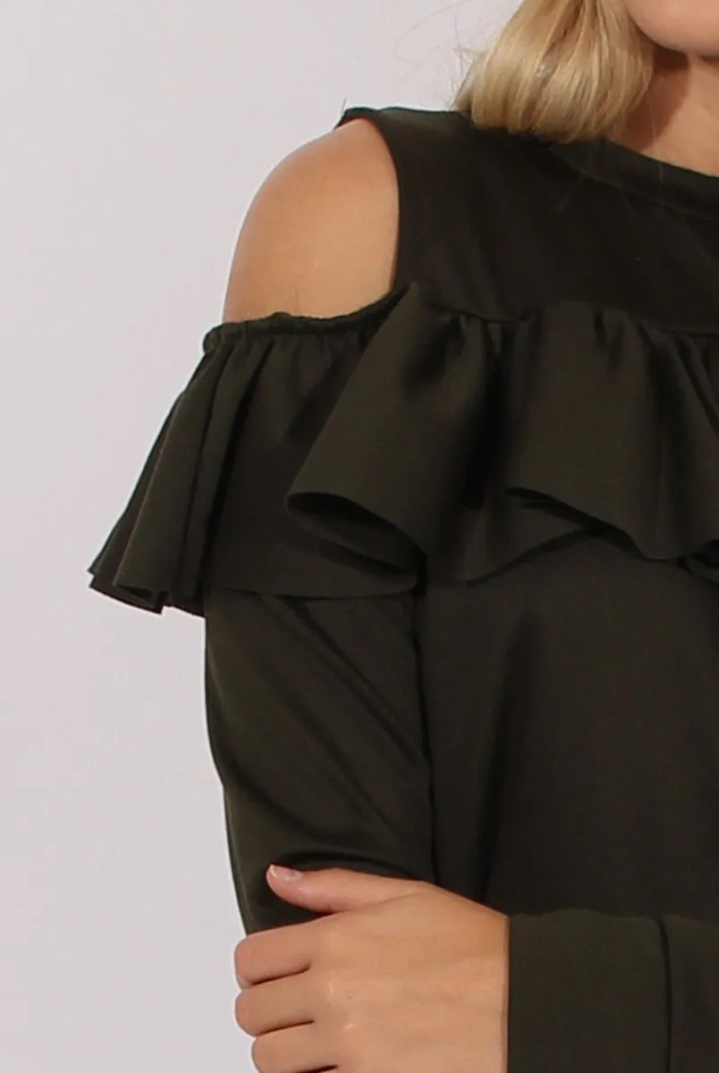 Khaki Cold Shoulder Frill Layer Swing Dress - Megan