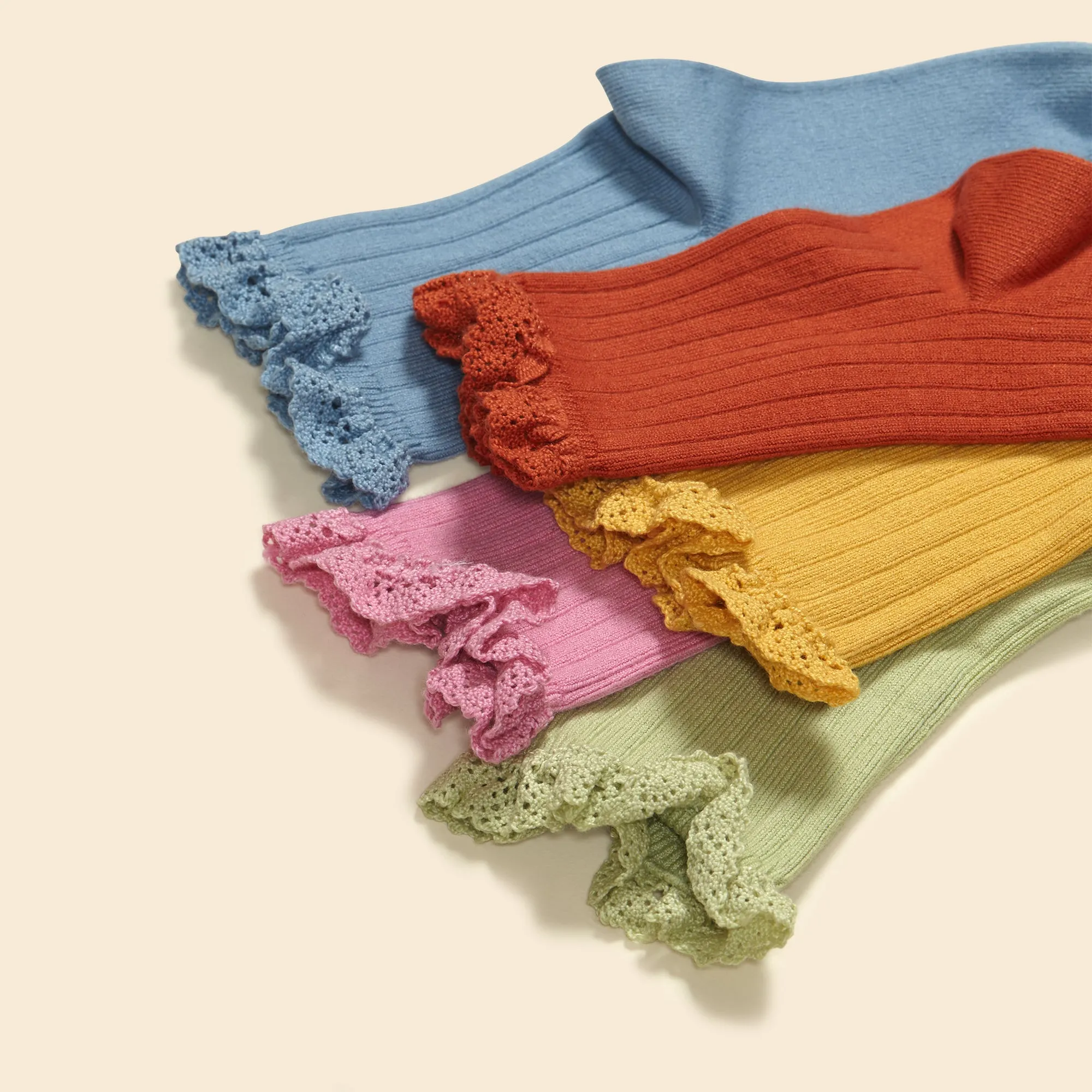 Lace Trim Ribbed Ankle Sock - Spearmint/Peony/Hay/Poppy/Cornflower