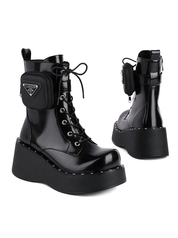 Lolita Boots PU Leather Round Toe Black Lolita Footwear