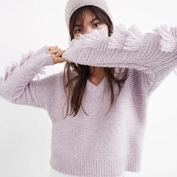 Madewell Fringe Sleeve Pullover Chunky Knit Sweater Lavender Pink Crochet XS