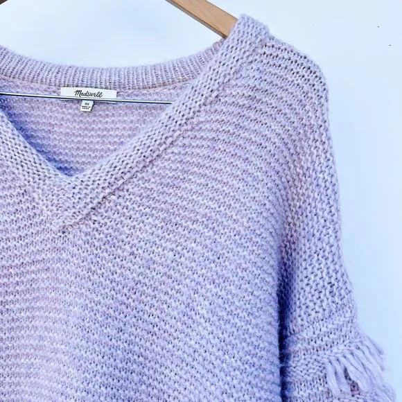Madewell Fringe Sleeve Pullover Chunky Knit Sweater Lavender Pink Crochet XS