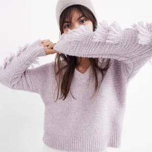 Madewell Fringe Sleeve Pullover Chunky Knit Sweater Lavender Pink Crochet XS