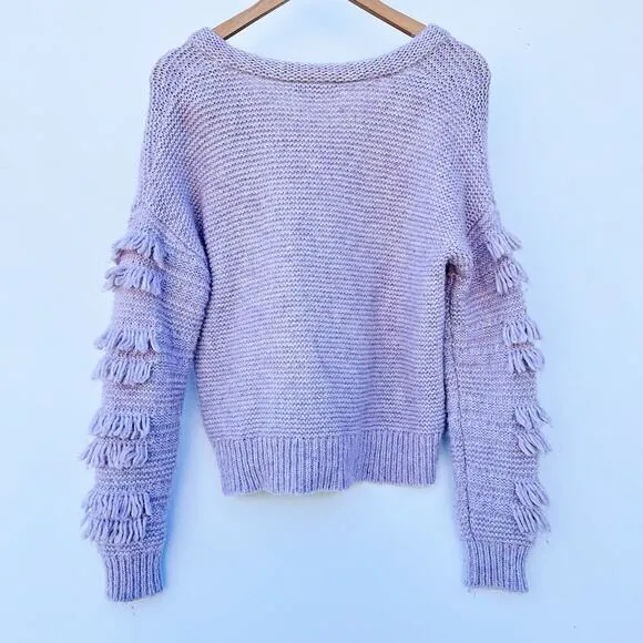 Madewell Fringe Sleeve Pullover Chunky Knit Sweater Lavender Pink Crochet XS