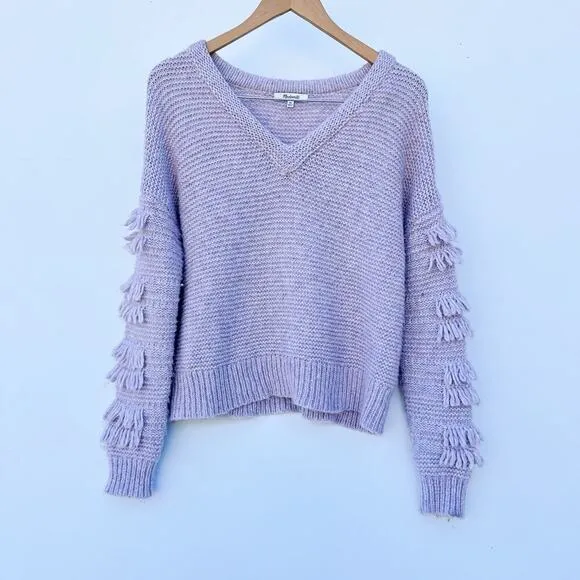 Madewell Fringe Sleeve Pullover Chunky Knit Sweater Lavender Pink Crochet XS