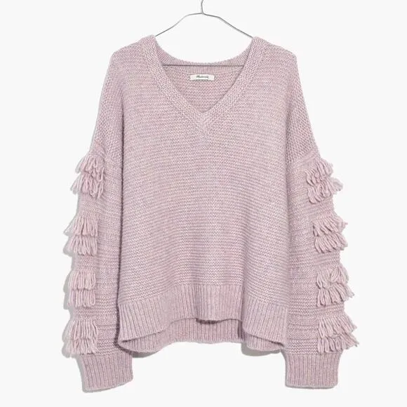 Madewell Fringe Sleeve Pullover Chunky Knit Sweater Lavender Pink Crochet XS