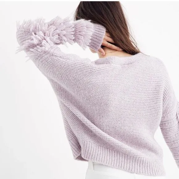 Madewell Fringe Sleeve Pullover Chunky Knit Sweater Lavender Pink Crochet XS
