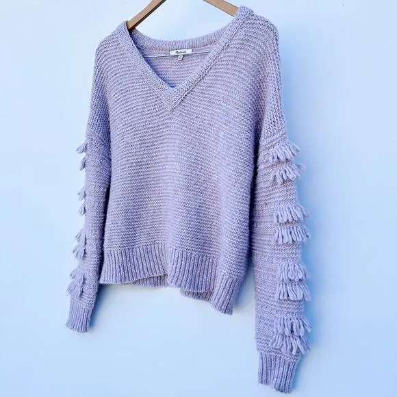 Madewell Fringe Sleeve Pullover Chunky Knit Sweater Lavender Pink Crochet XS