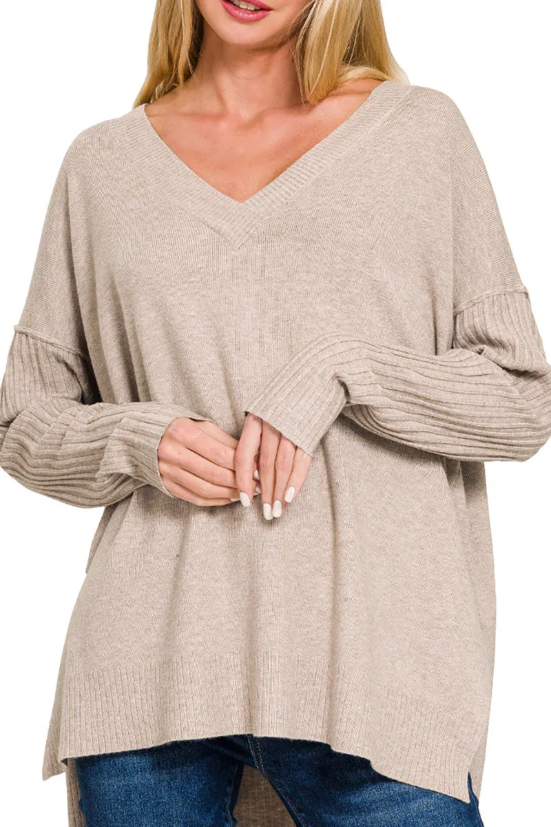 Maine Moment Heather Mocha Ribbed Hem & Sleeve V-Neck Sweater