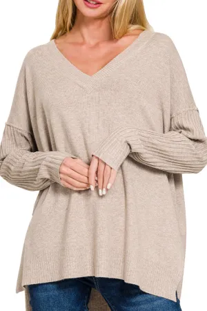 Maine Moment Heather Mocha Ribbed Hem & Sleeve V-Neck Sweater