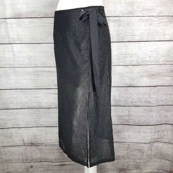 NEW Something Navy S Arielle Faux Wrap Sequined Midi Skirt Black Slit front