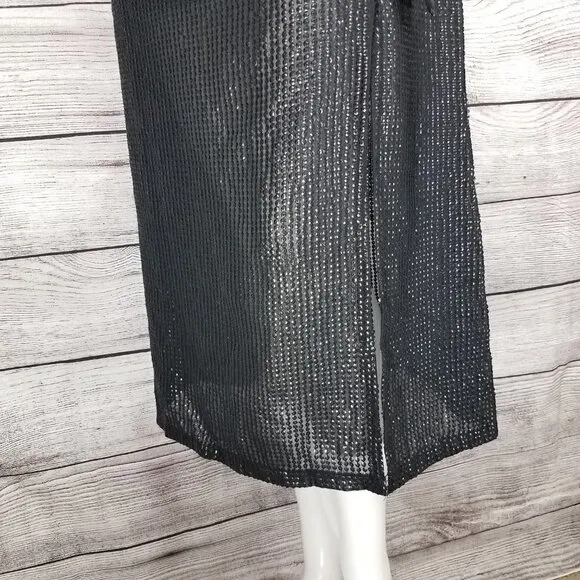NEW Something Navy S Arielle Faux Wrap Sequined Midi Skirt Black Slit front
