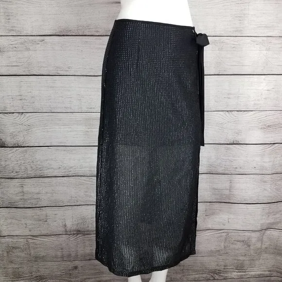 NEW Something Navy S Arielle Faux Wrap Sequined Midi Skirt Black Slit front