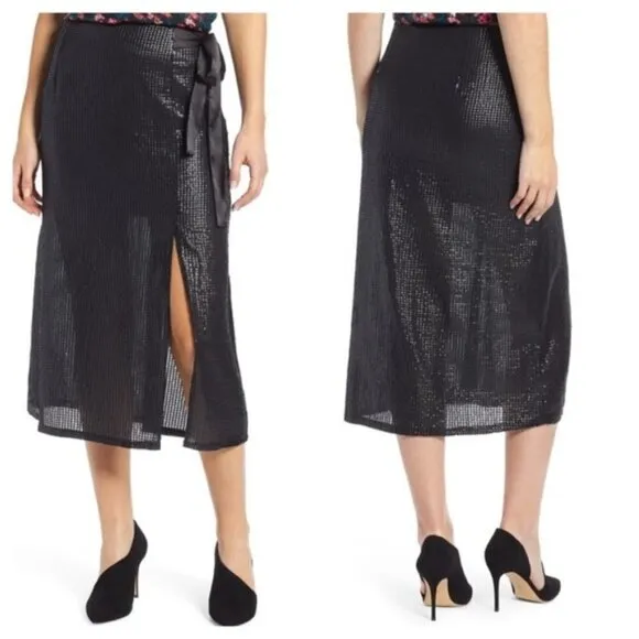NEW Something Navy S Arielle Faux Wrap Sequined Midi Skirt Black Slit front