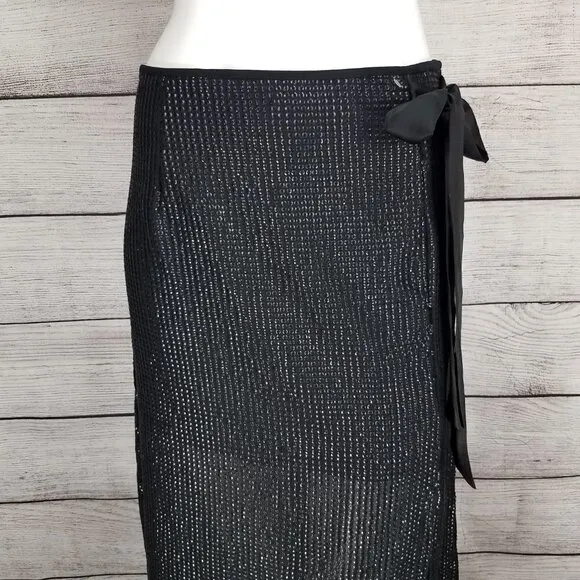 NEW Something Navy S Arielle Faux Wrap Sequined Midi Skirt Black Slit front