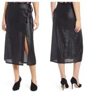 NEW Something Navy S Arielle Faux Wrap Sequined Midi Skirt Black Slit front